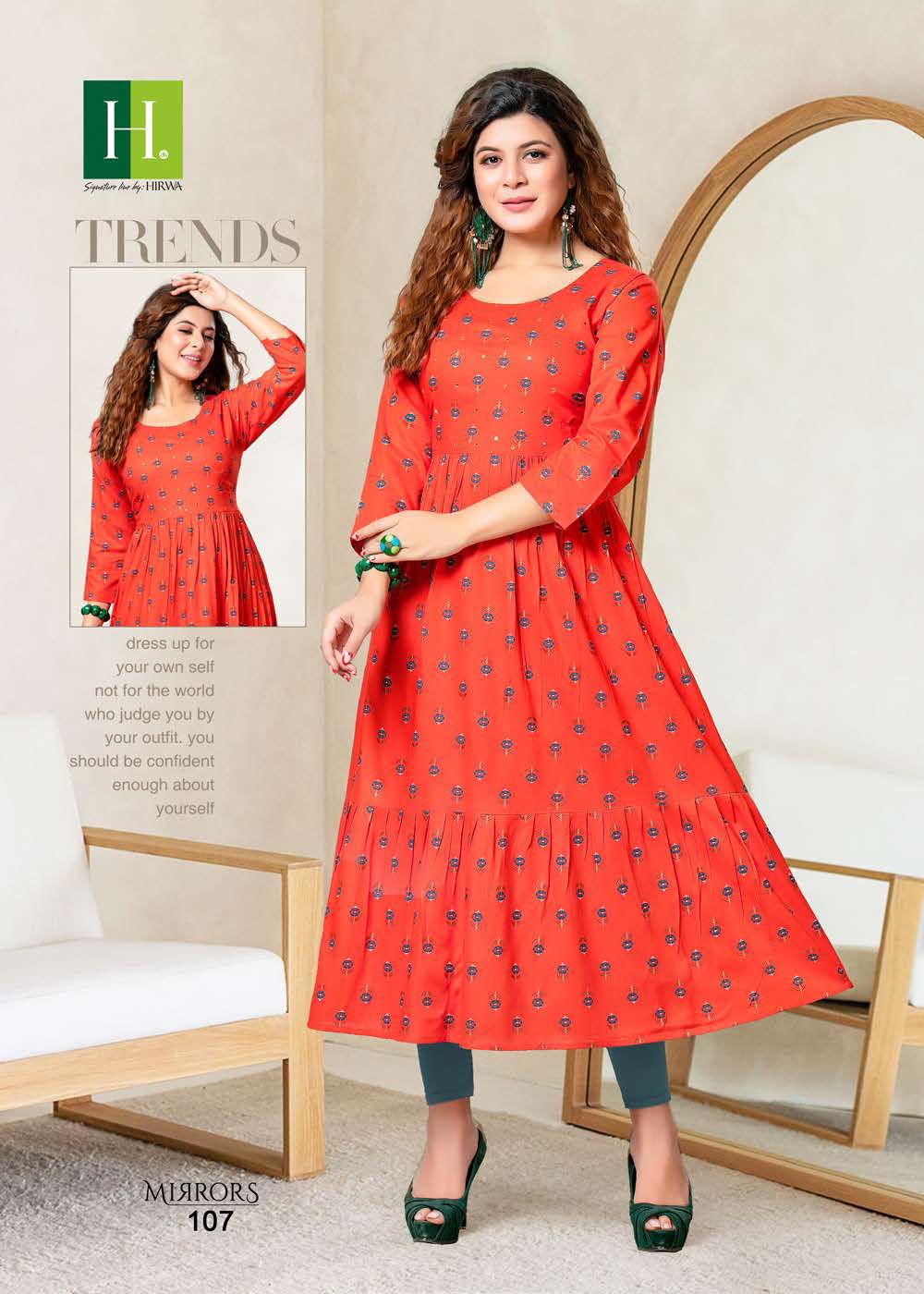 Hirwa Mirrors Heavy Rayon Printed Ethnic Wear Anarkali Kurti Collection